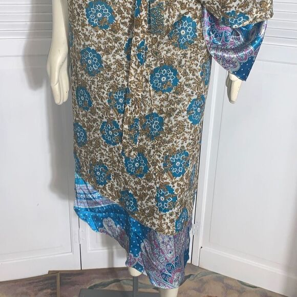 Earthbound 100% Silk Blue Floral Paisley Double Layered Sari Wrap Skirt Dress On - Picture 10 of 14